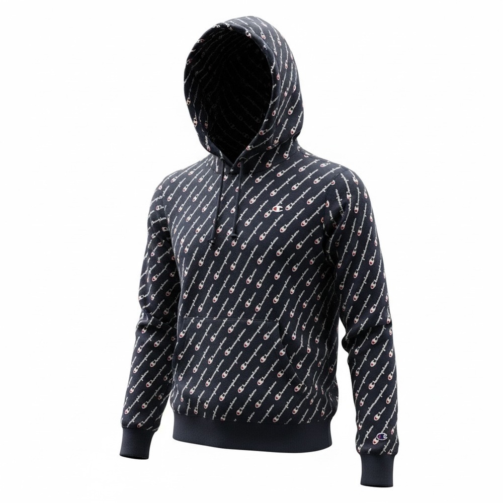 Vintage Champion Navy and White Patterned Hoodie Y2K Mens size M